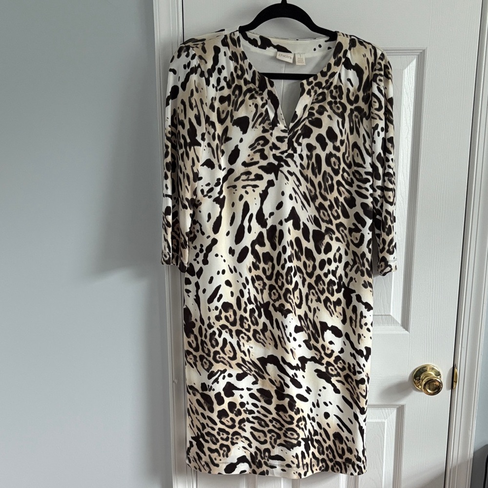 Chico's Leopard Print Elbow Sleeve Dress - Black & Cream Size 1 (Women’s M/Sz 8)